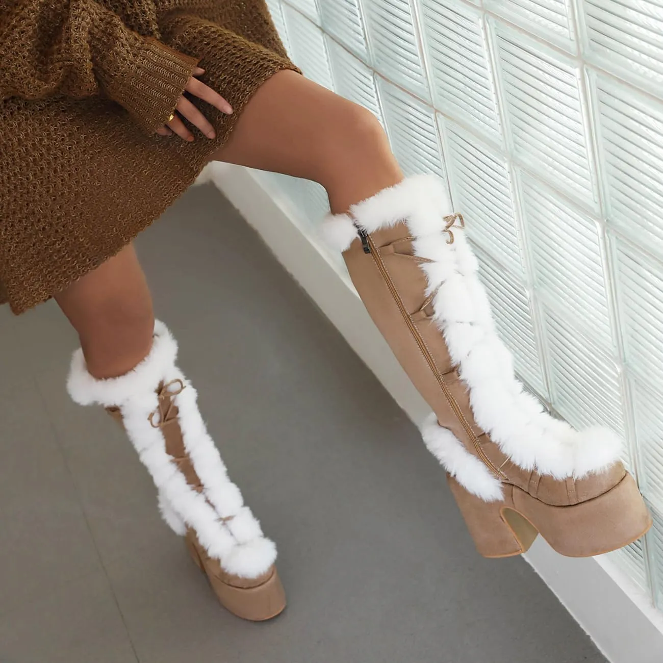 MRKEWUNEY Sweet Women's Faux Fur Lined Winter Snow Knee High Boots Platform Heel Christmas Boots