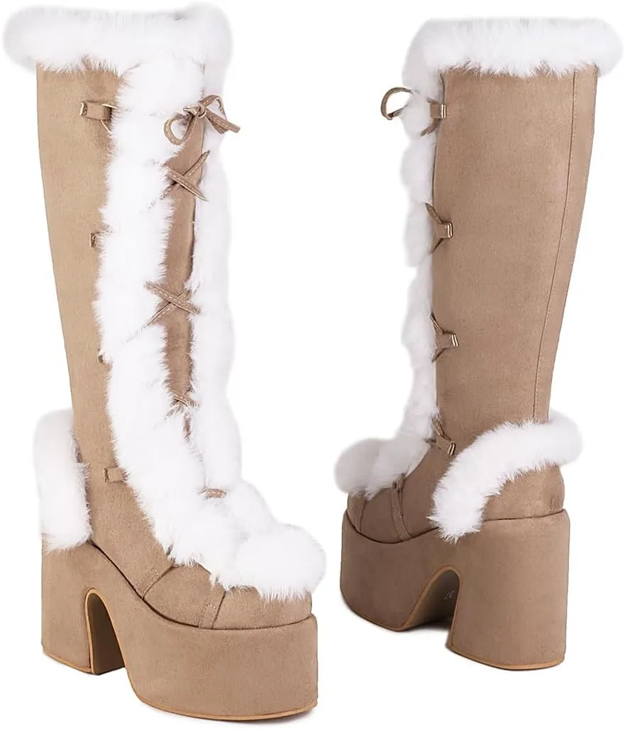 MRKEWUNEY Sweet Women's Faux Fur Lined Winter Snow Knee High Boots Platform Heel Christmas Boots