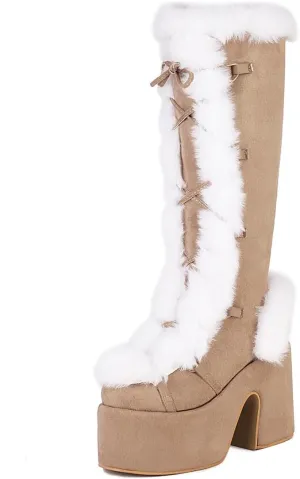 MRKEWUNEY Sweet Women's Faux Fur Lined Winter Snow Knee High Boots Platform Heel Christmas Boots