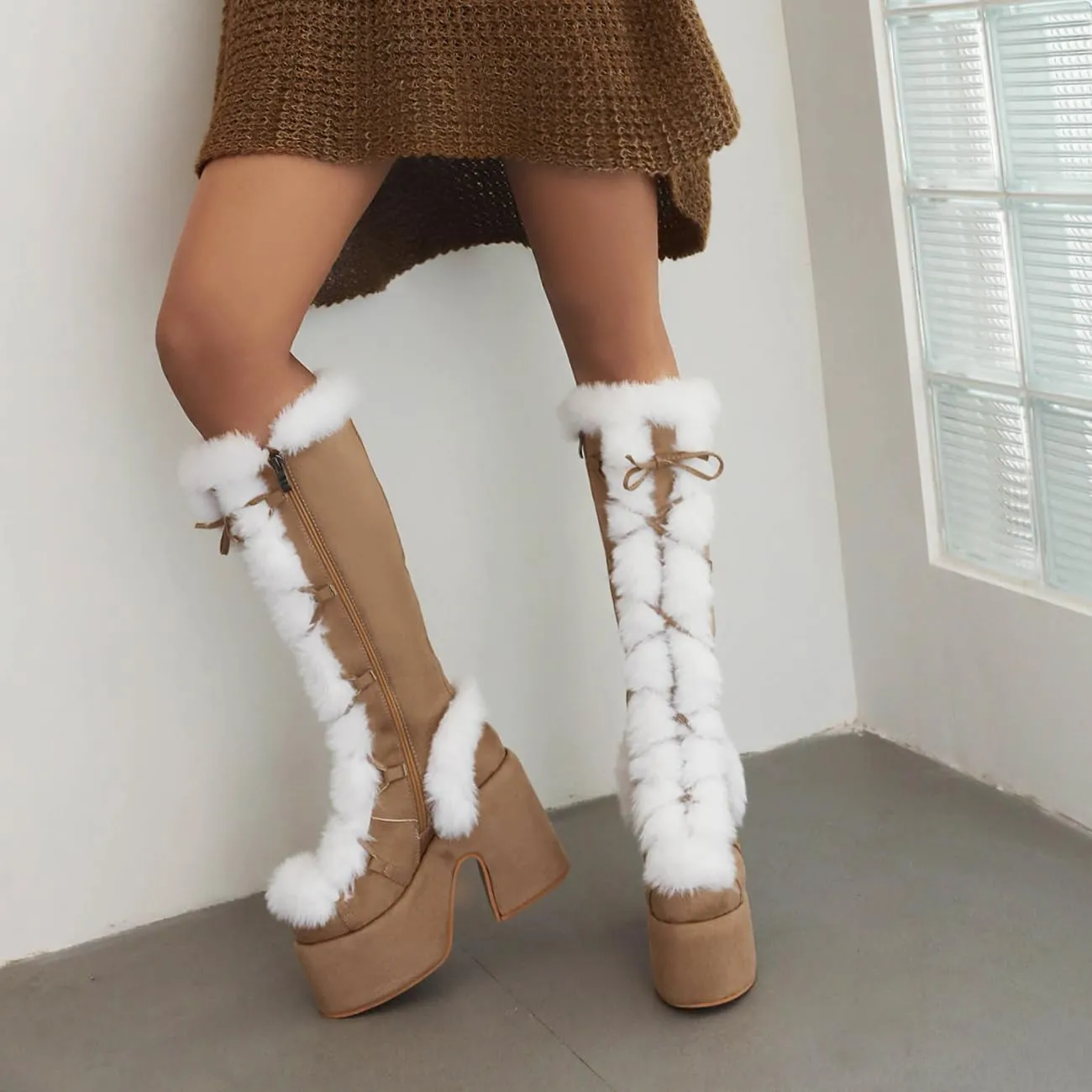 MRKEWUNEY Sweet Women's Faux Fur Lined Winter Snow Knee High Boots Platform Heel Christmas Boots