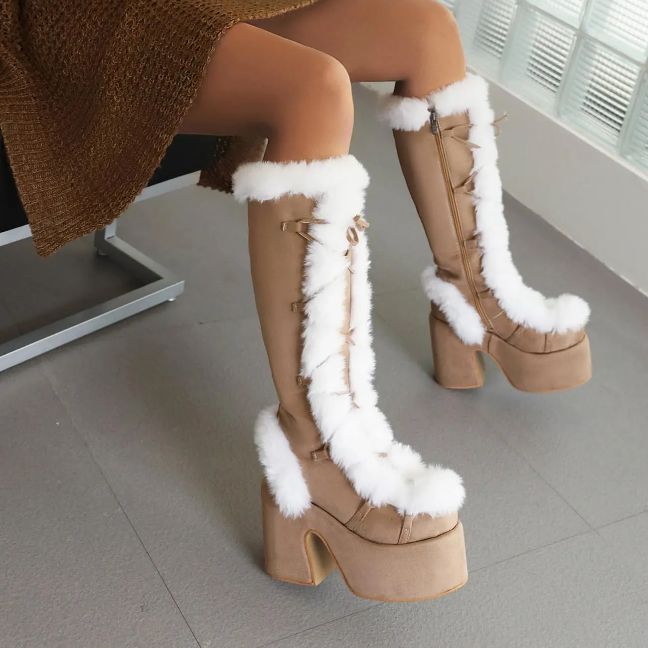 MRKEWUNEY Sweet Women's Faux Fur Lined Winter Snow Knee High Boots Platform Heel Christmas Boots