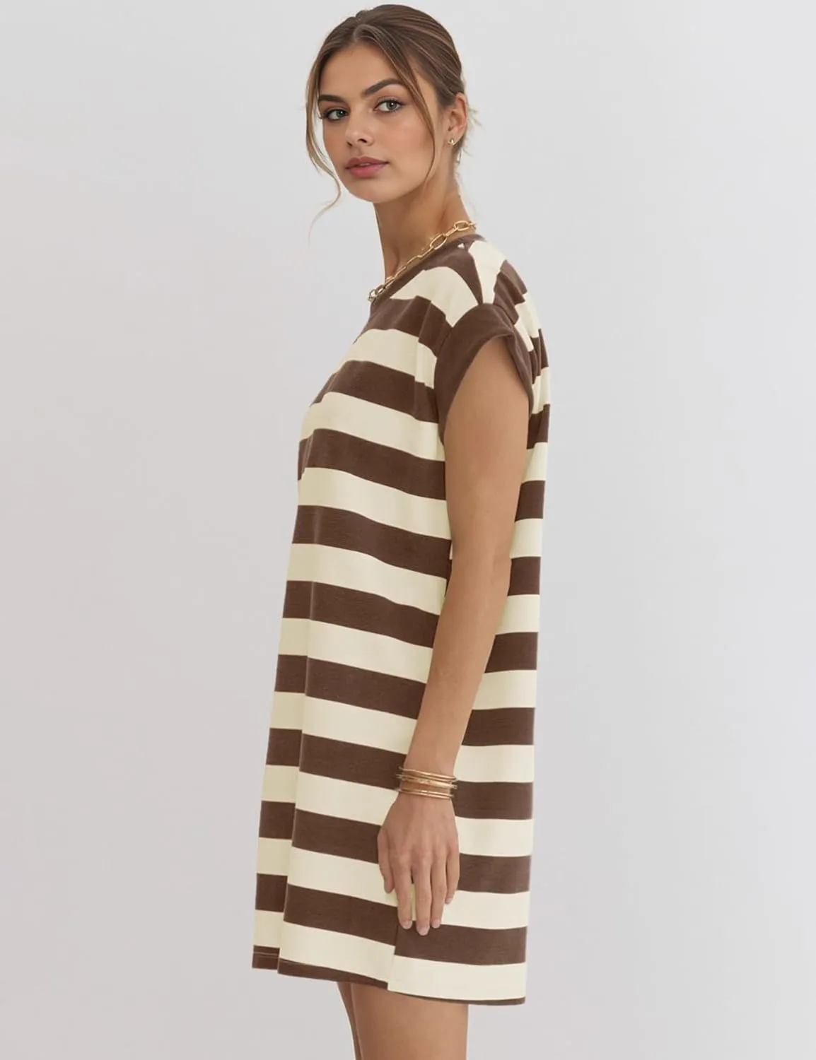 Naggoo Womens Summer Striped T Shirt Dress Crew Neck Cap Sleeve Color Block Casual A Line Short Dresses with Pockets