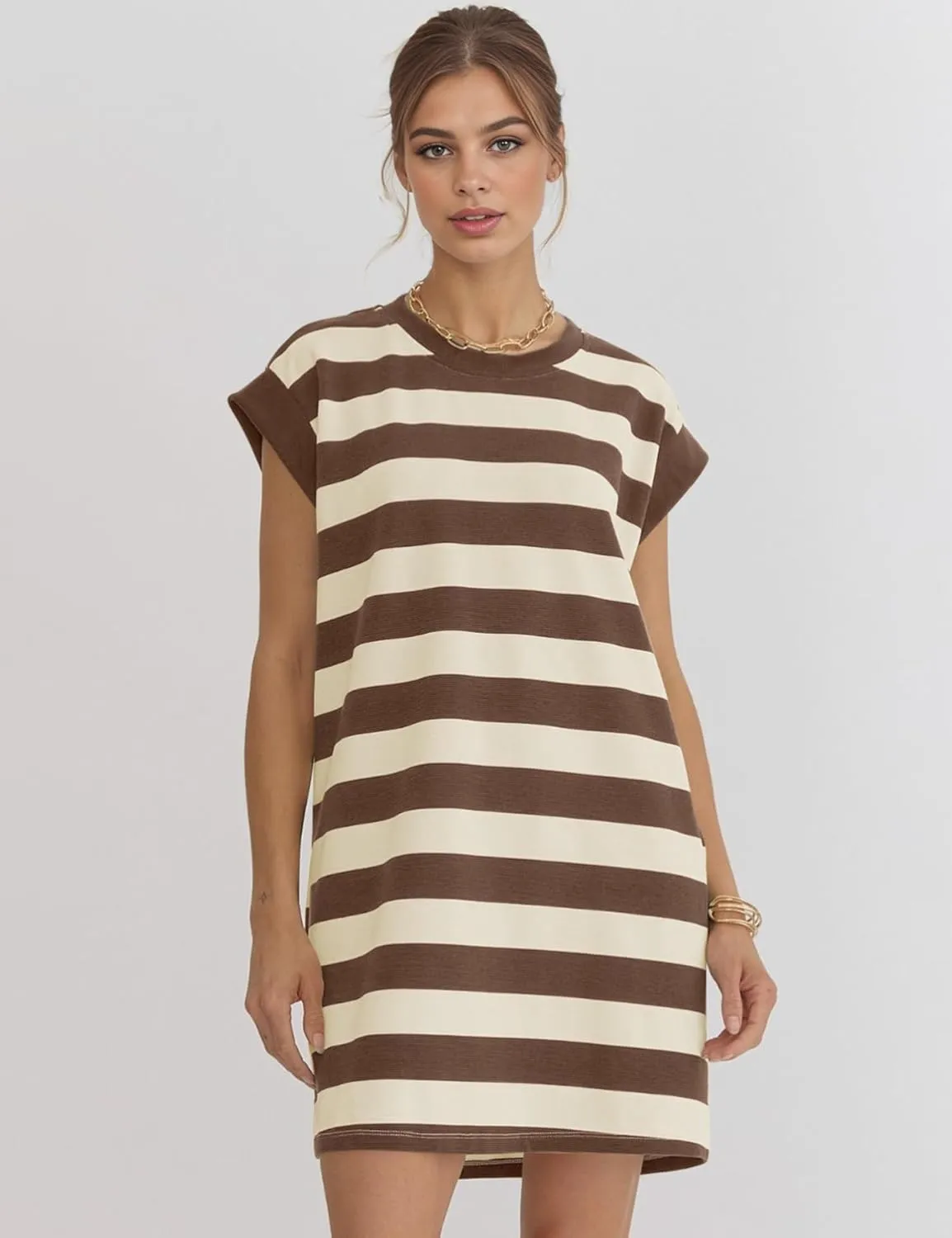 Naggoo Womens Summer Striped T Shirt Dress Crew Neck Cap Sleeve Color Block Casual A Line Short Dresses with Pockets