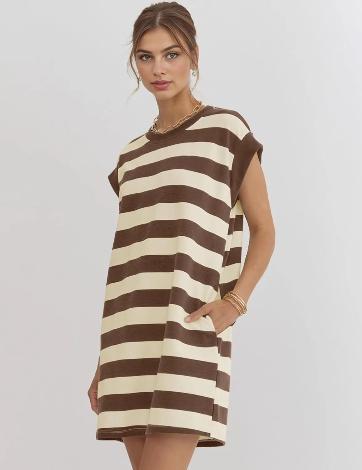 Naggoo Womens Summer Striped T Shirt Dress Crew Neck Cap Sleeve Color Block Casual A Line Short Dresses with Pockets