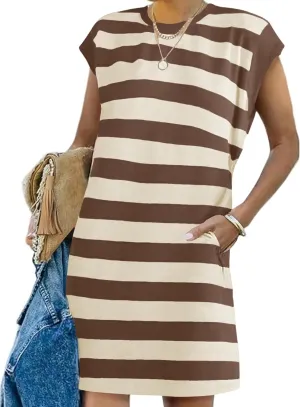 Naggoo Womens Summer Striped T Shirt Dress Crew Neck Cap Sleeve Color Block Casual A Line Short Dresses with Pockets