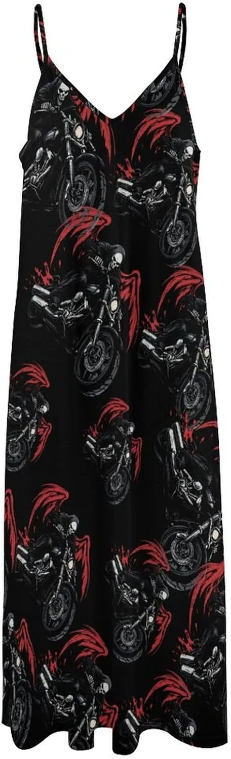 Night Rider Death Womens Summer Long Dress Casual Sleeveless Sundress Loose V Neck Tank Dresses for Beach
