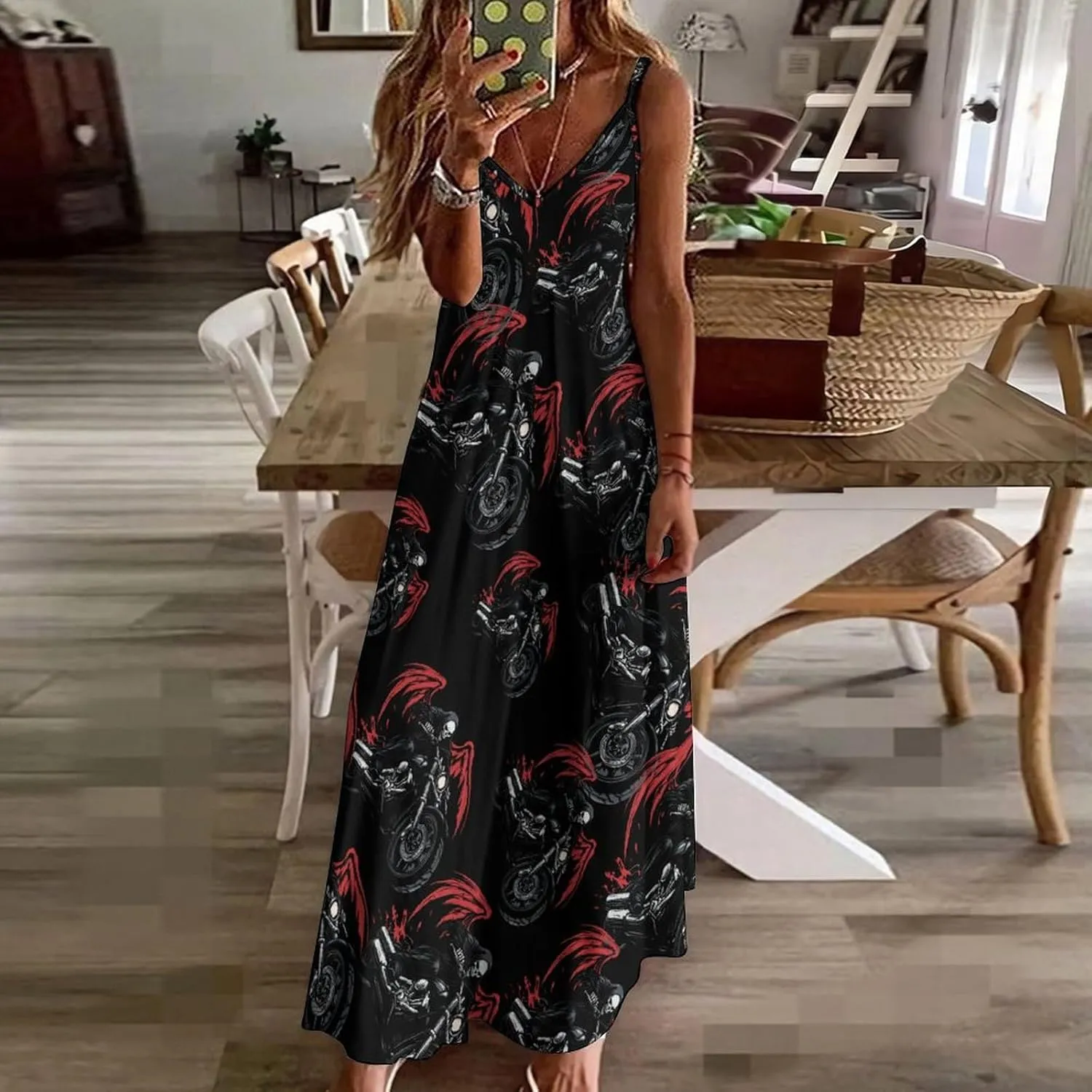Night Rider Death Womens Summer Long Dress Casual Sleeveless Sundress Loose V Neck Tank Dresses for Beach