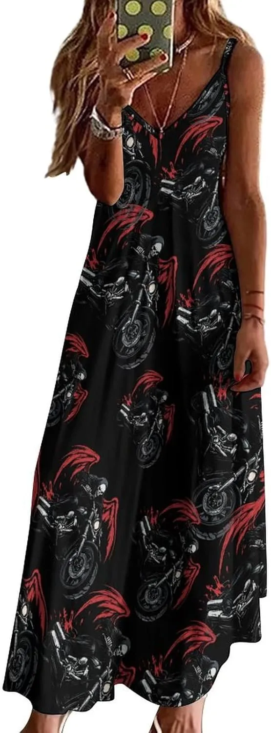 Night Rider Death Womens Summer Long Dress Casual Sleeveless Sundress Loose V Neck Tank Dresses for Beach