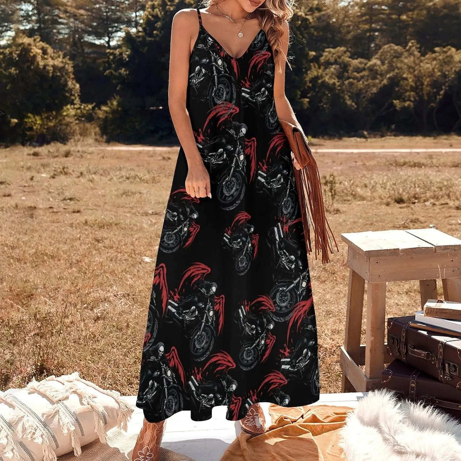Night Rider Death Womens Summer Long Dress Casual Sleeveless Sundress Loose V Neck Tank Dresses for Beach