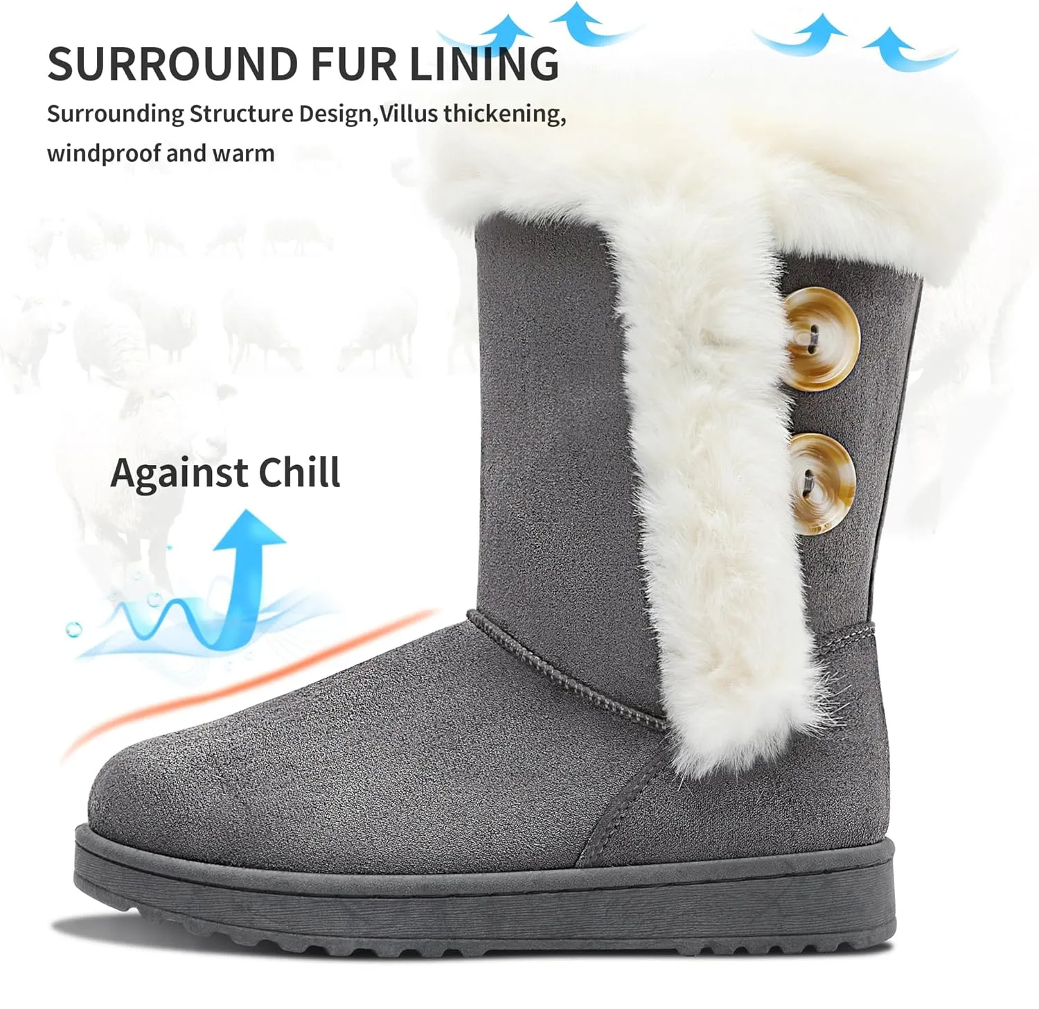 Obtaom Women’s winter snow boots Short Mid Calf fashion boot Art Resin button Faux Suede boots for women