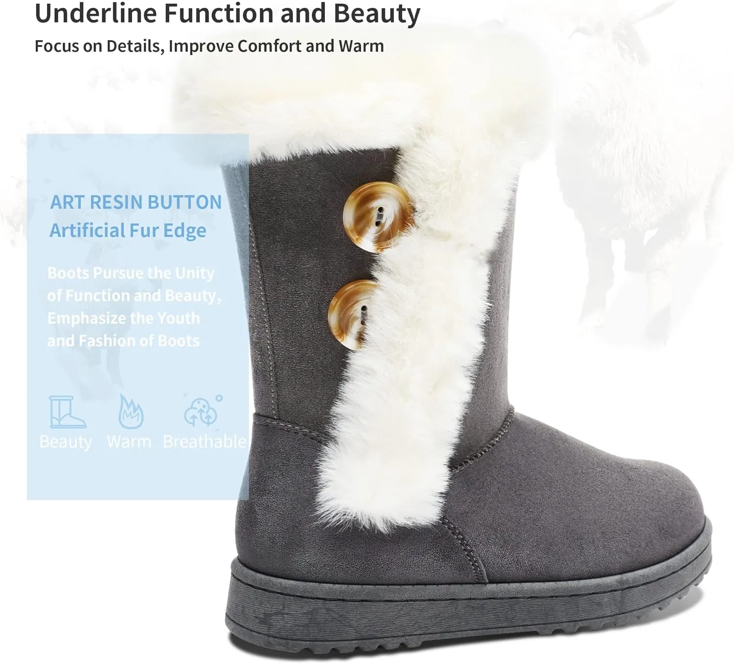 Obtaom Women’s winter snow boots Short Mid Calf fashion boot Art Resin button Faux Suede boots for women