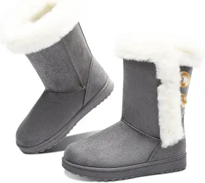 Obtaom Women’s winter snow boots Short Mid Calf fashion boot Art Resin button Faux Suede boots for women