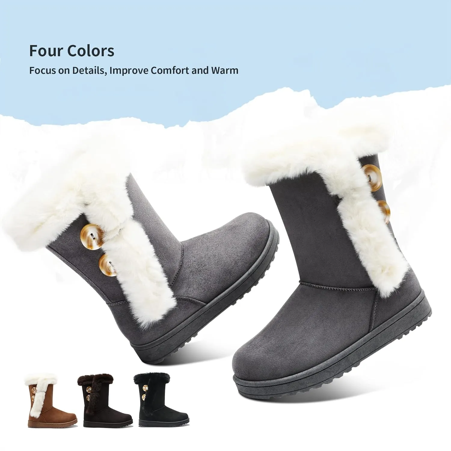 Obtaom Women’s winter snow boots Short Mid Calf fashion boot Art Resin button Faux Suede boots for women