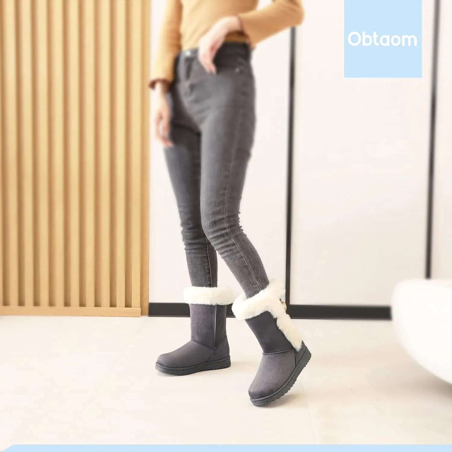 Obtaom Women’s winter snow boots Short Mid Calf fashion boot Art Resin button Faux Suede boots for women
