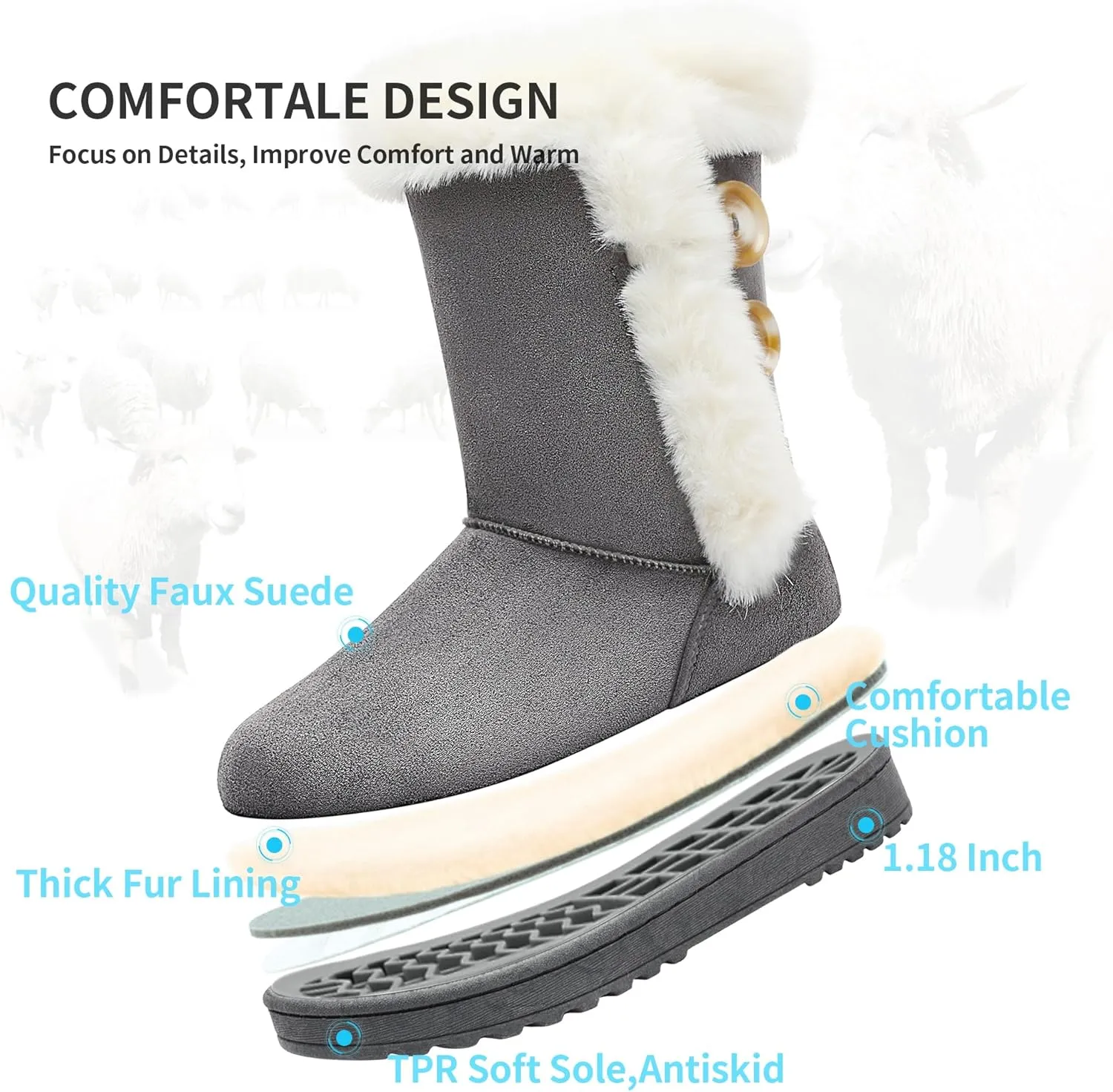 Obtaom Women’s winter snow boots Short Mid Calf fashion boot Art Resin button Faux Suede boots for women