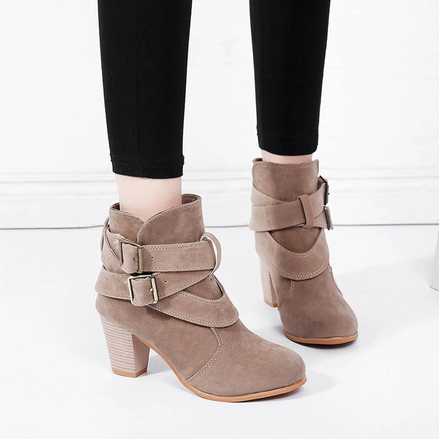 oiangi Womens Chunky Heel Ankle Booties Fashion Casual Round Toe Cross Double Belt Buckle Block Stacked High Heel Boots Solid Comfy Thick Heel Shoes