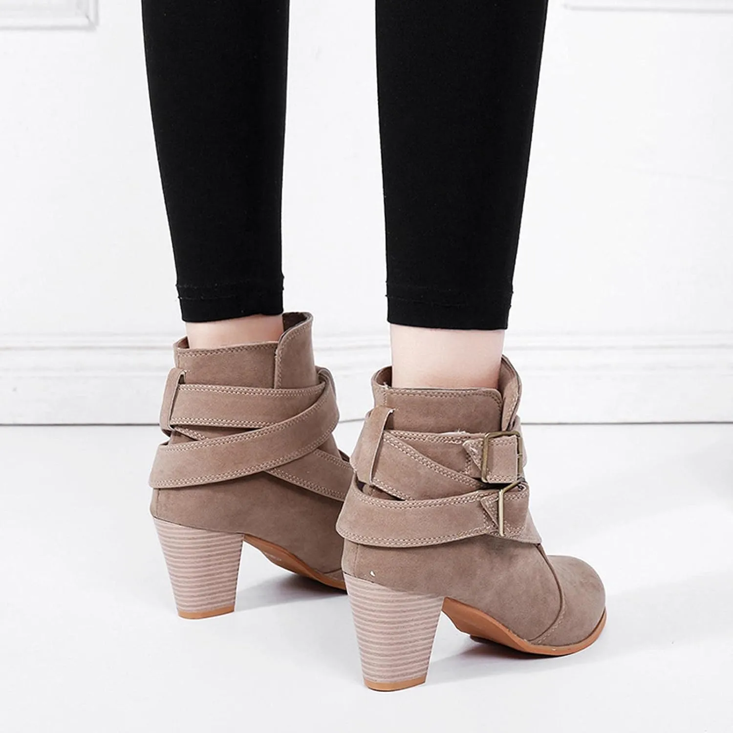 oiangi Womens Chunky Heel Ankle Booties Fashion Casual Round Toe Cross Double Belt Buckle Block Stacked High Heel Boots Solid Comfy Thick Heel Shoes