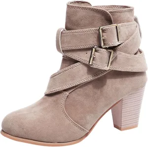 oiangi Womens Chunky Heel Ankle Booties Fashion Casual Round Toe Cross Double Belt Buckle Block Stacked High Heel Boots Solid Comfy Thick Heel Shoes