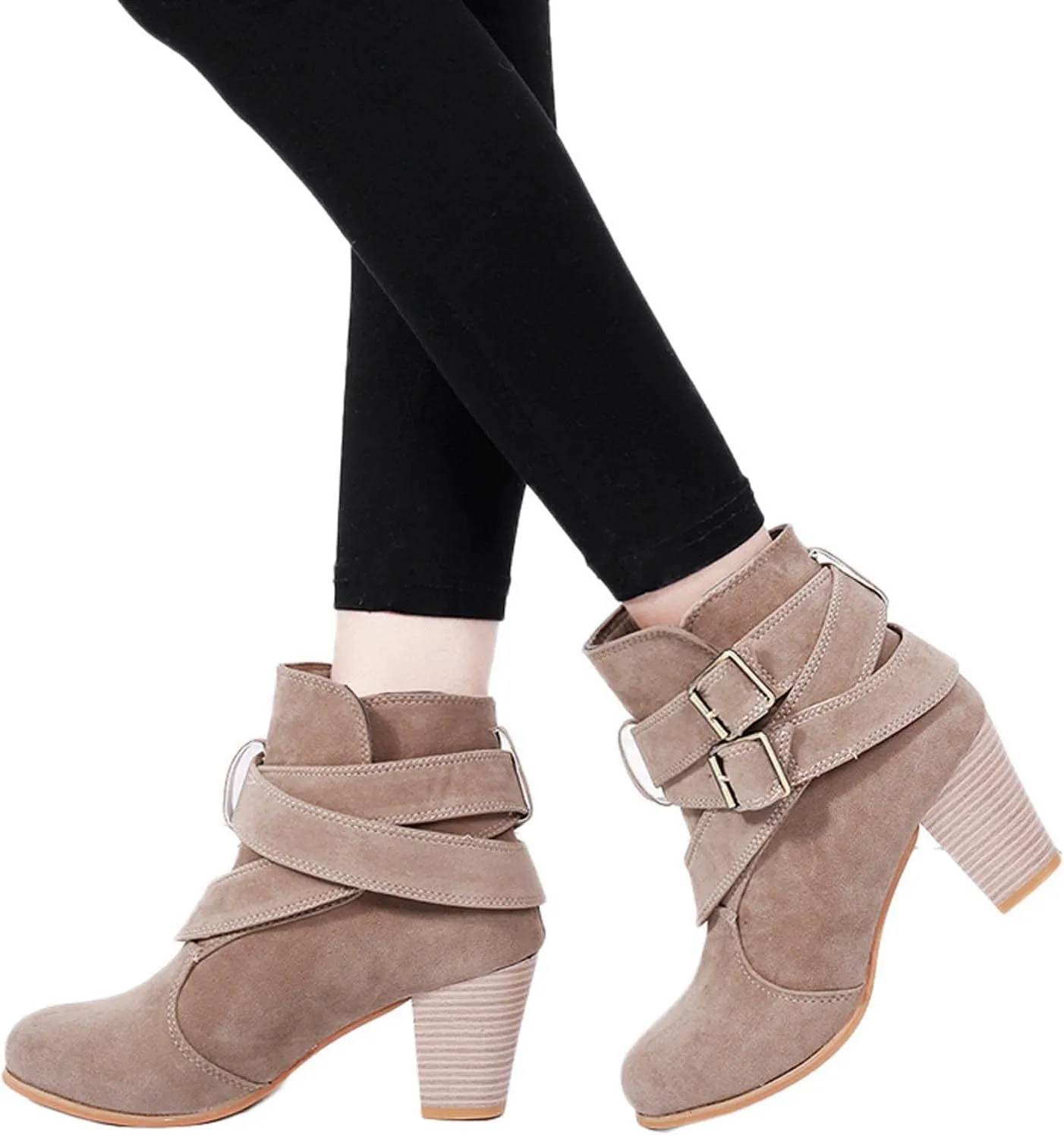 oiangi Womens Chunky Heel Ankle Booties Fashion Casual Round Toe Cross Double Belt Buckle Block Stacked High Heel Boots Solid Comfy Thick Heel Shoes