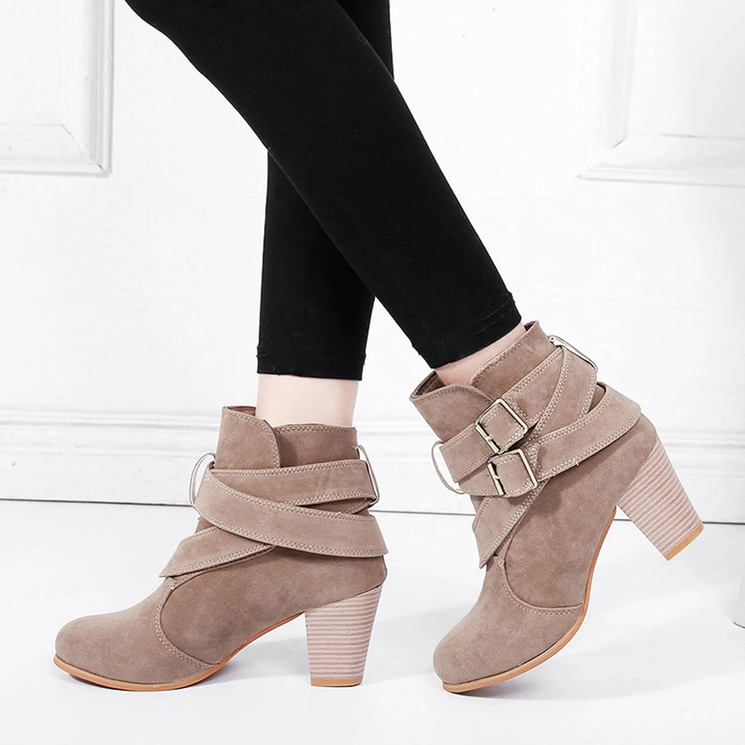 oiangi Womens Chunky Heel Ankle Booties Fashion Casual Round Toe Cross Double Belt Buckle Block Stacked High Heel Boots Solid Comfy Thick Heel Shoes