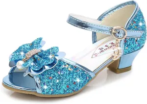 OMEARK Kids Dress Shoes - Open Toe Toddler Girls Sandals Rhinestone Bow Strappy Glitter Flat Sandal Low Heels Party Show Dance Shoes for Little Kid/Big Kid with Ankle Buckle