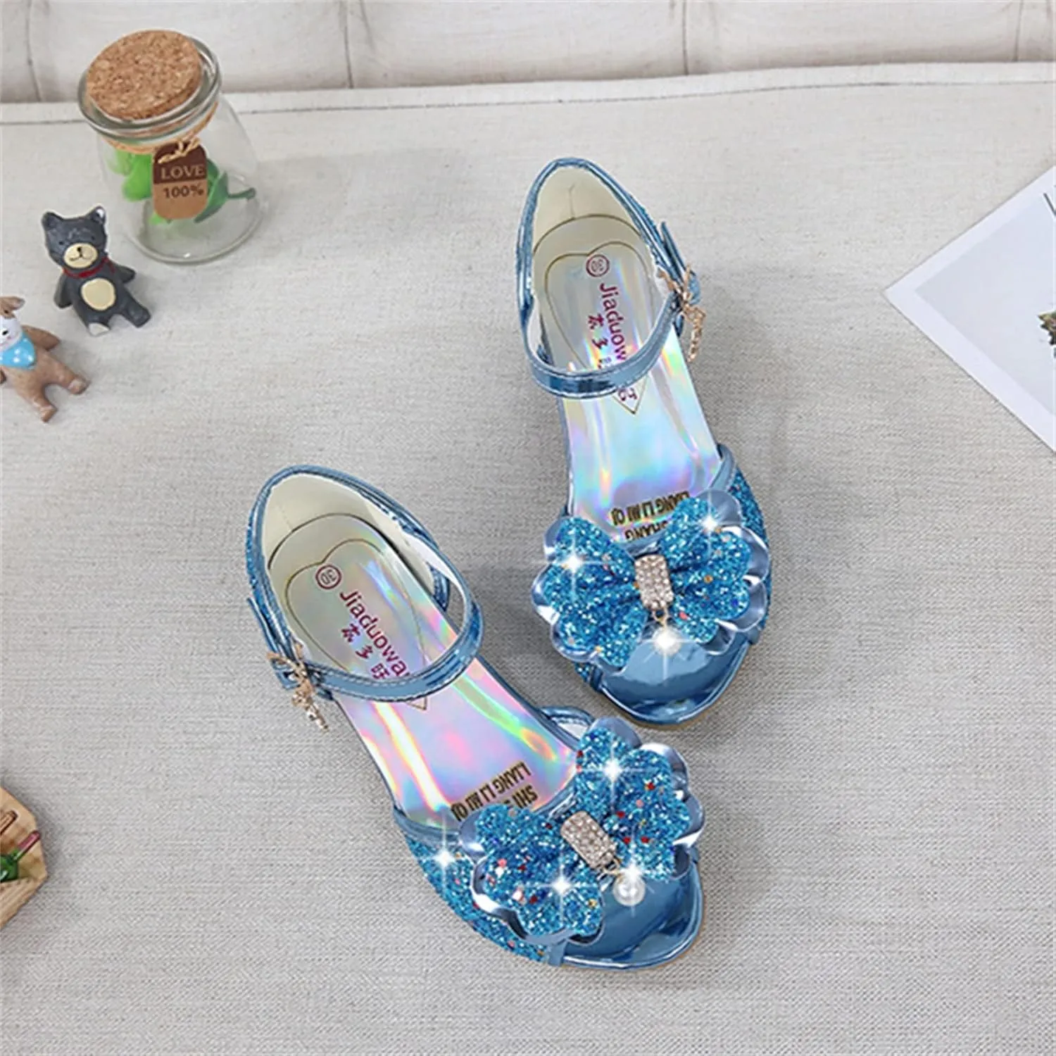 OMEARK Kids Dress Shoes - Open Toe Toddler Girls Sandals Rhinestone Bow Strappy Glitter Flat Sandal Low Heels Party Show Dance Shoes for Little Kid/Big Kid with Ankle Buckle