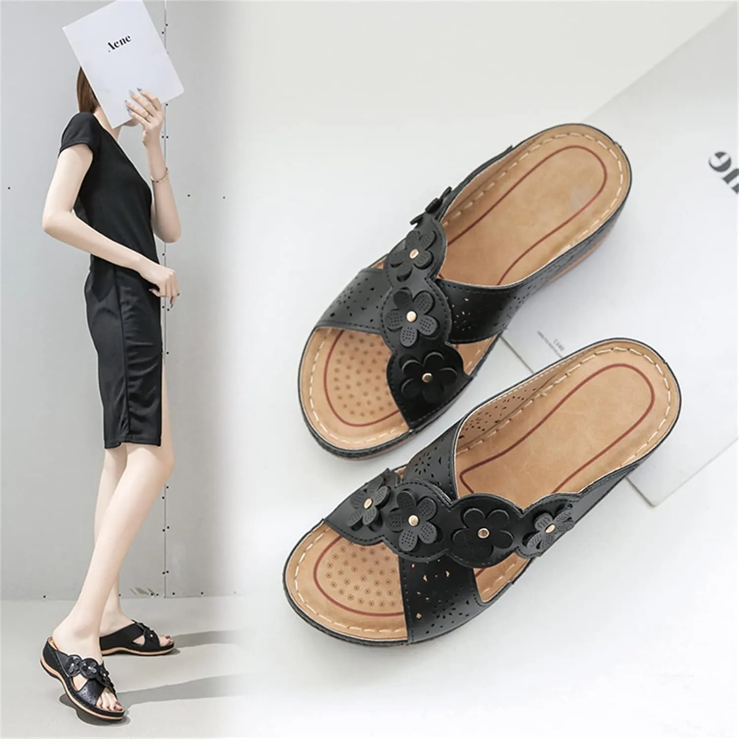 ORNVEION Open Toe Fancy Flower Women Wedge Orthopedic Sandals,Hollowed Slip on Arch Support Sandals Casual Bohemian Fashion Non-Slip Lightweight Slippers