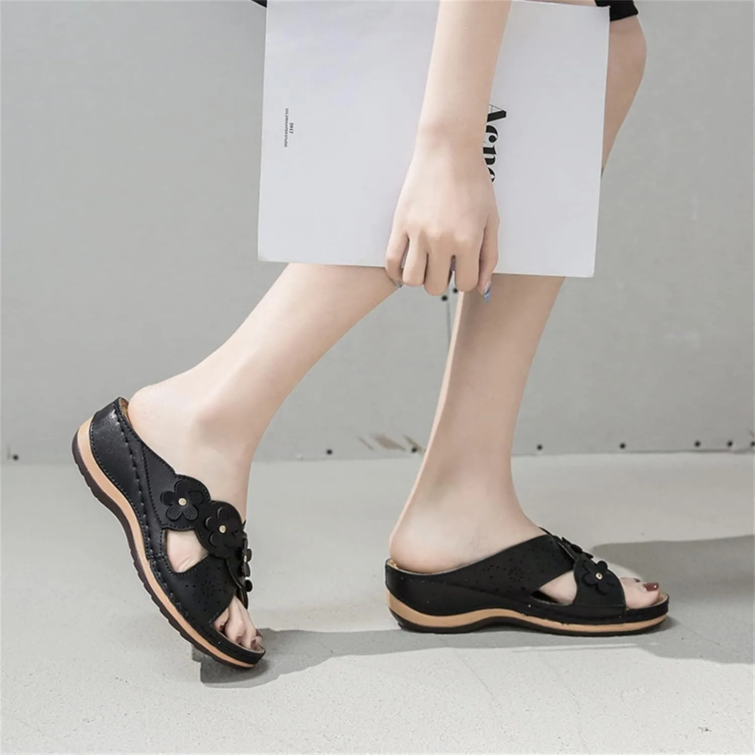 ORNVEION Open Toe Fancy Flower Women Wedge Orthopedic Sandals,Hollowed Slip on Arch Support Sandals Casual Bohemian Fashion Non-Slip Lightweight Slippers