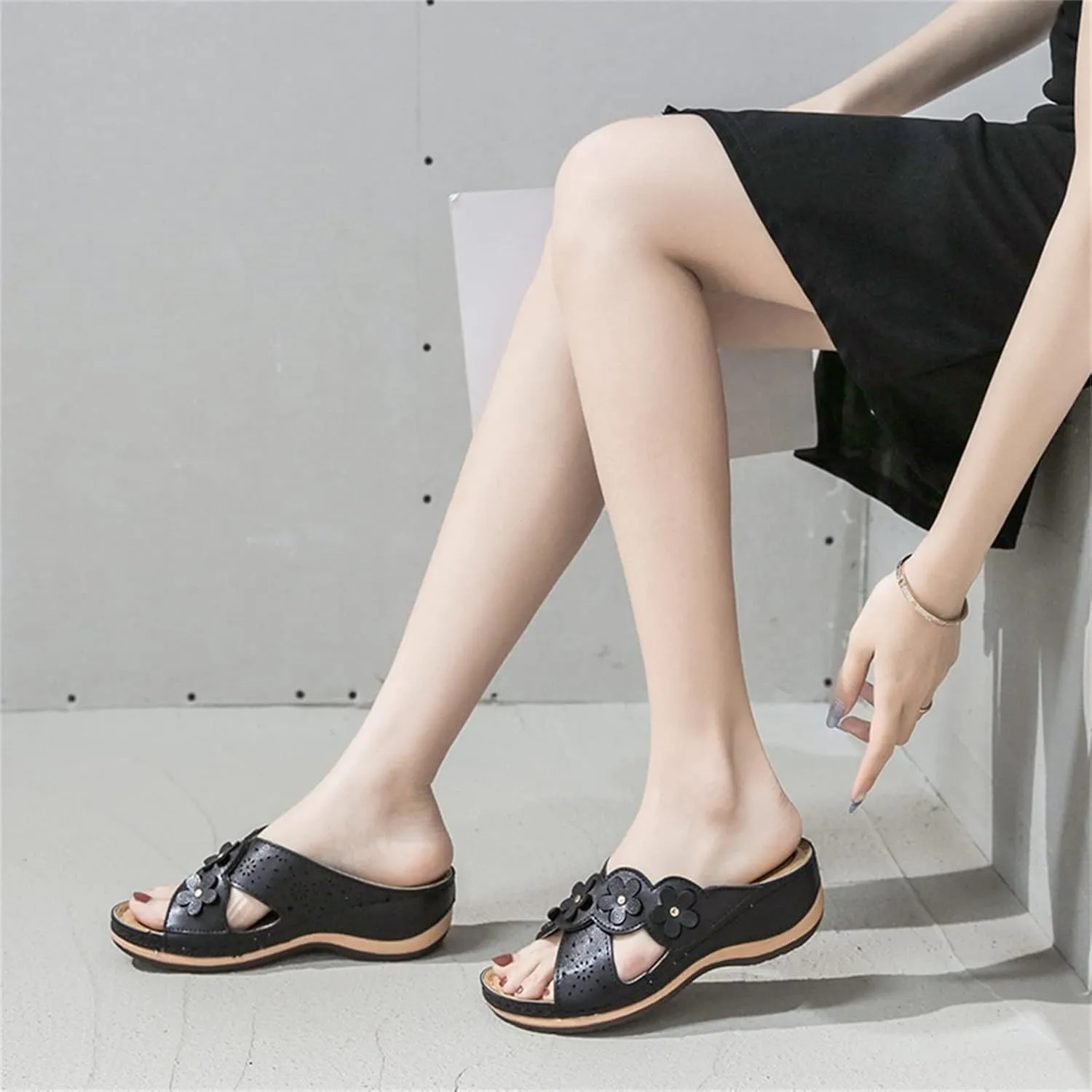 ORNVEION Open Toe Fancy Flower Women Wedge Orthopedic Sandals,Hollowed Slip on Arch Support Sandals Casual Bohemian Fashion Non-Slip Lightweight Slippers