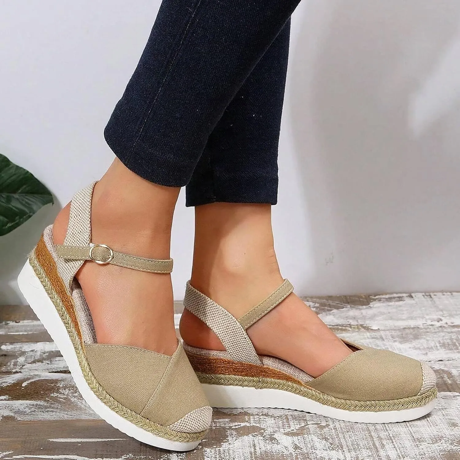 Orthopedic Platform Wedge Sandals for Women Summer Dressy 2023 Flat Open Toe Ankle Strap Espadrilles Sandals Casual Strappy Slip on Sandals Beach Boho Sandals Comfortable Outdoor Shoes (1-Khaki, 7.5)