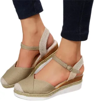 Orthopedic Platform Wedge Sandals for Women Summer Dressy 2023 Flat Open Toe Ankle Strap Espadrilles Sandals Casual Strappy Slip on Sandals Beach Boho Sandals Comfortable Outdoor Shoes (1-Khaki, 7.5)