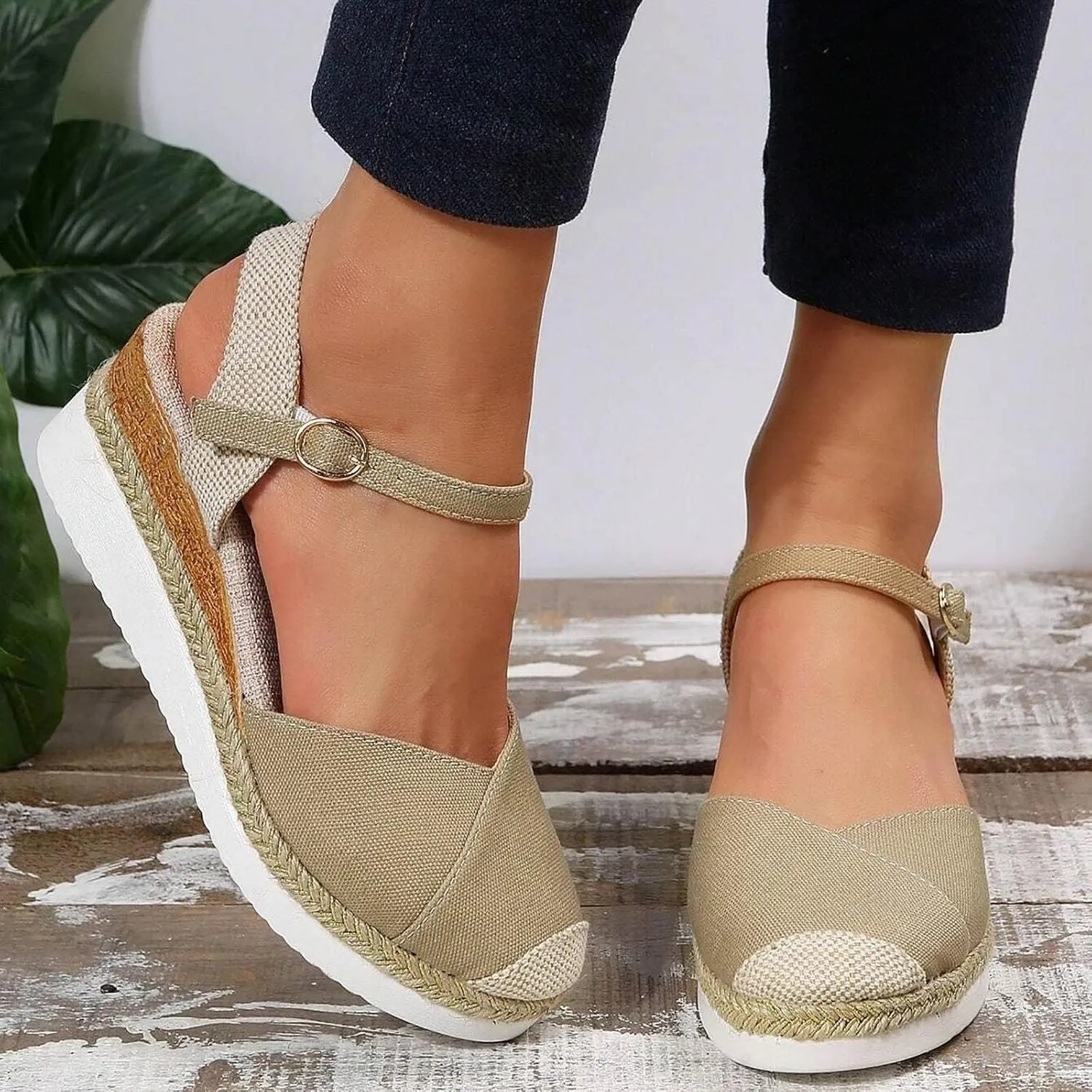 Orthopedic Platform Wedge Sandals for Women Summer Dressy 2023 Flat Open Toe Ankle Strap Espadrilles Sandals Casual Strappy Slip on Sandals Beach Boho Sandals Comfortable Outdoor Shoes (1-Khaki, 7.5)