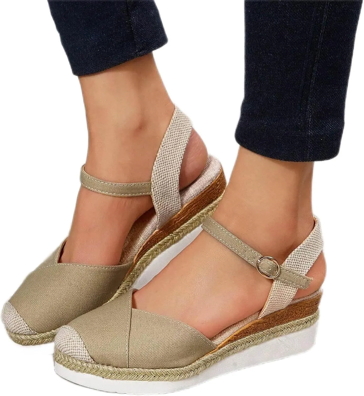 Orthopedic Platform Wedge Sandals for Women Summer Dressy 2023 Flat Open Toe Ankle Strap Espadrilles Sandals Casual Strappy Slip on Sandals Beach Boho Sandals Comfortable Outdoor Shoes (1-Khaki, 7.5)