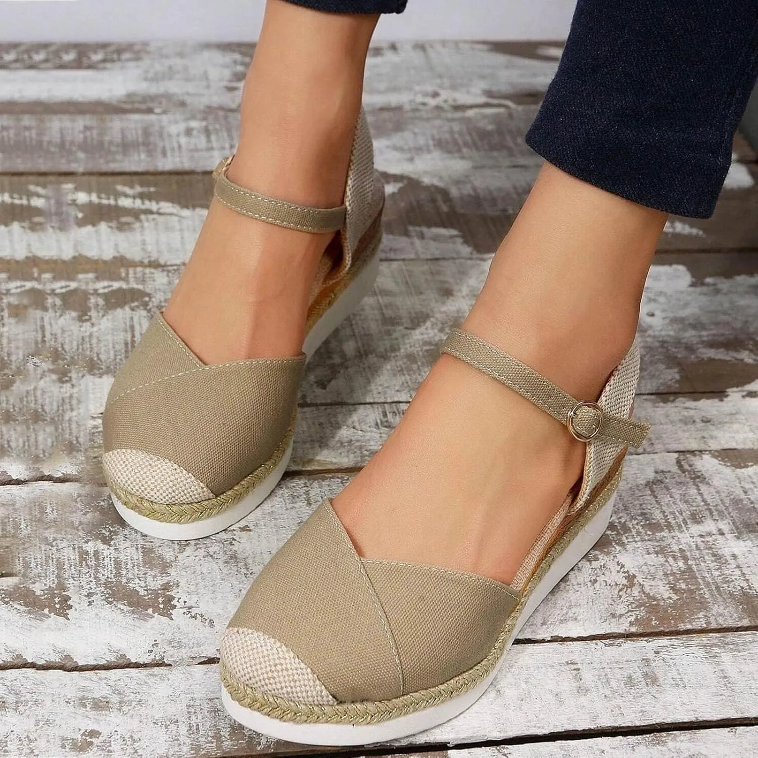 Orthopedic Platform Wedge Sandals for Women Summer Dressy 2023 Flat Open Toe Ankle Strap Espadrilles Sandals Casual Strappy Slip on Sandals Beach Boho Sandals Comfortable Outdoor Shoes (1-Khaki, 7.5)