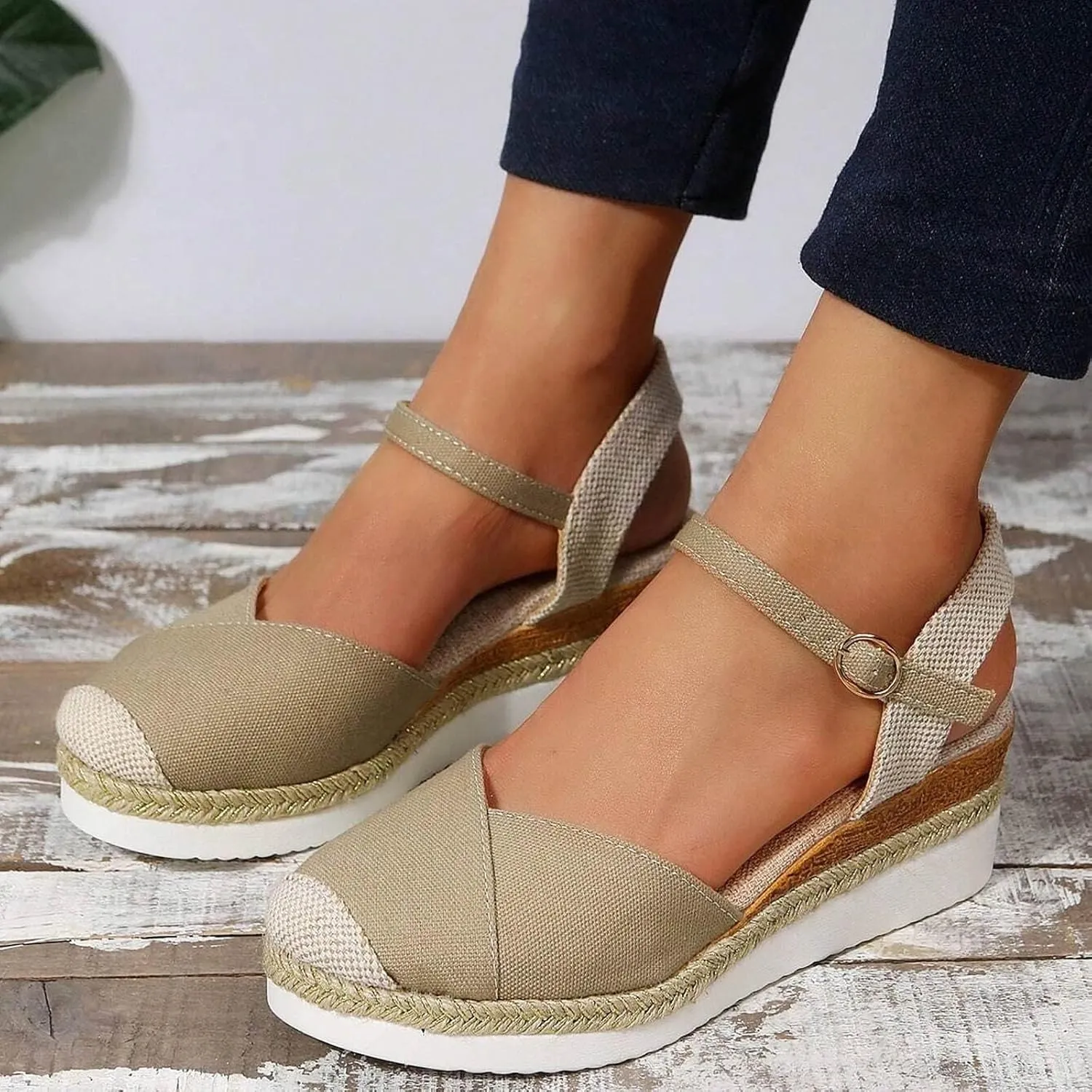 Orthopedic Platform Wedge Sandals for Women Summer Dressy 2023 Flat Open Toe Ankle Strap Espadrilles Sandals Casual Strappy Slip on Sandals Beach Boho Sandals Comfortable Outdoor Shoes (1-Khaki, 7.5)