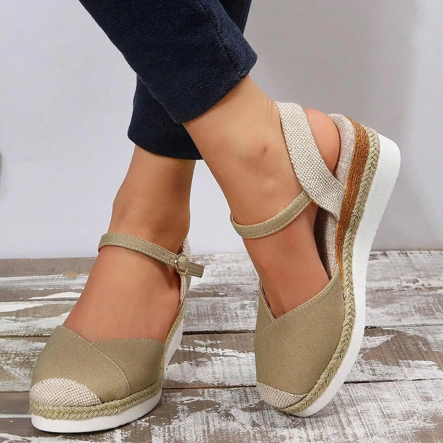 Orthopedic Platform Wedge Sandals for Women Summer Dressy 2023 Flat Open Toe Ankle Strap Espadrilles Sandals Casual Strappy Slip on Sandals Beach Boho Sandals Comfortable Outdoor Shoes (1-Khaki, 7.5)