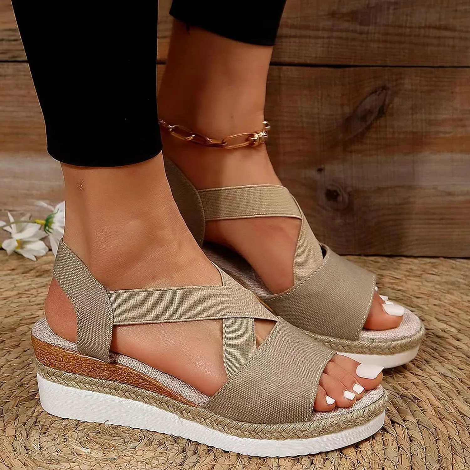 Orthopedic Platform Wedge Sandals for Women Summer Dressy 2023 Flat Open Toe Ankle Strap Espadrilles Sandals Casual Strappy Slip on Sandals Beach Boho Sandals Comfortable Outdoor Shoes (2-Khaki, 7.5)