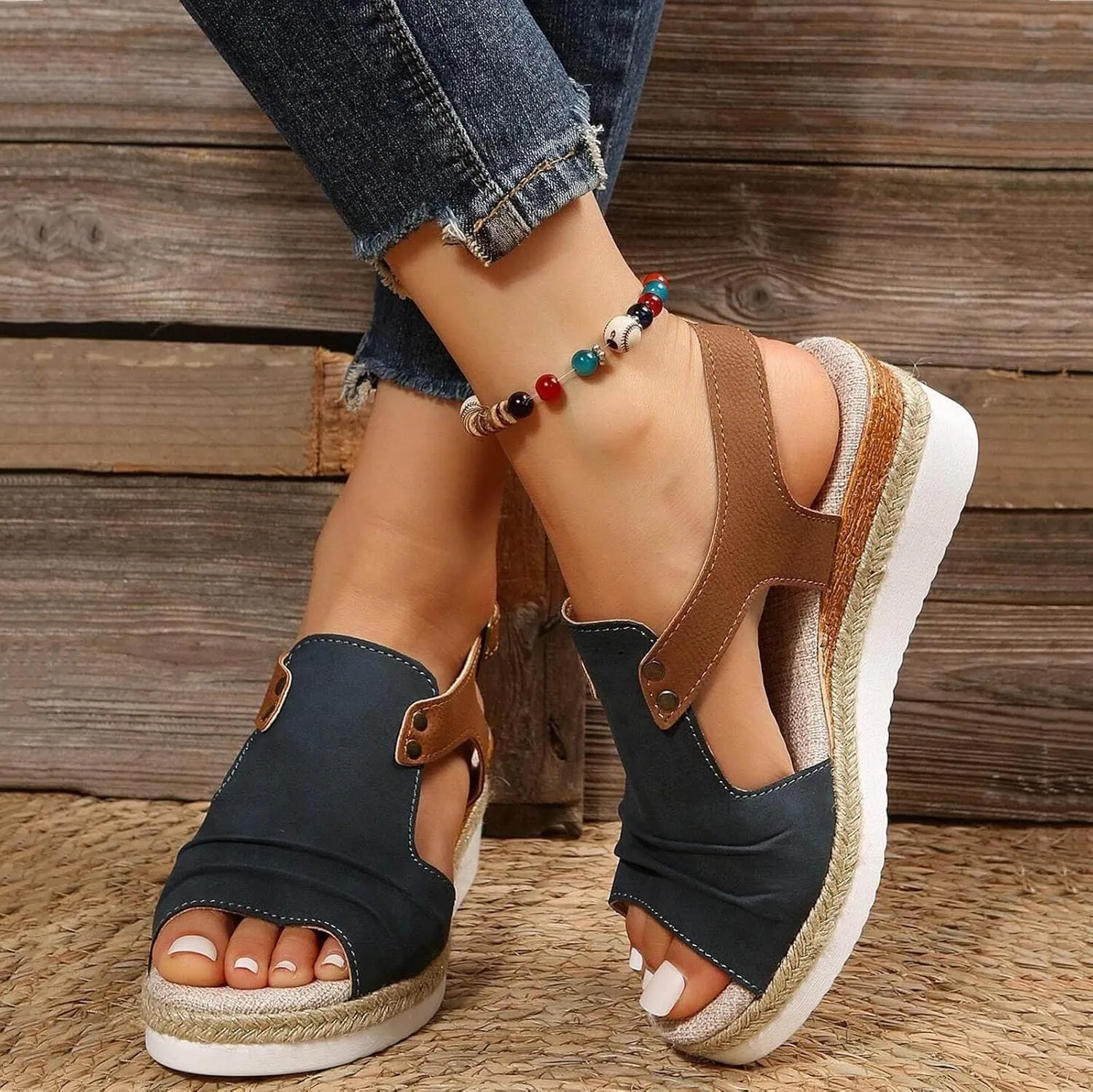 Orthopedic Platform Wedge Sandals for Women Summer Dressy 2023 Flat Open Toe Ankle Strap Espadrilles Sandals Casual Strappy Slip on Sandals Beach Boho Sandals Comfortable Outdoor Shoes (3-Navy, 10)