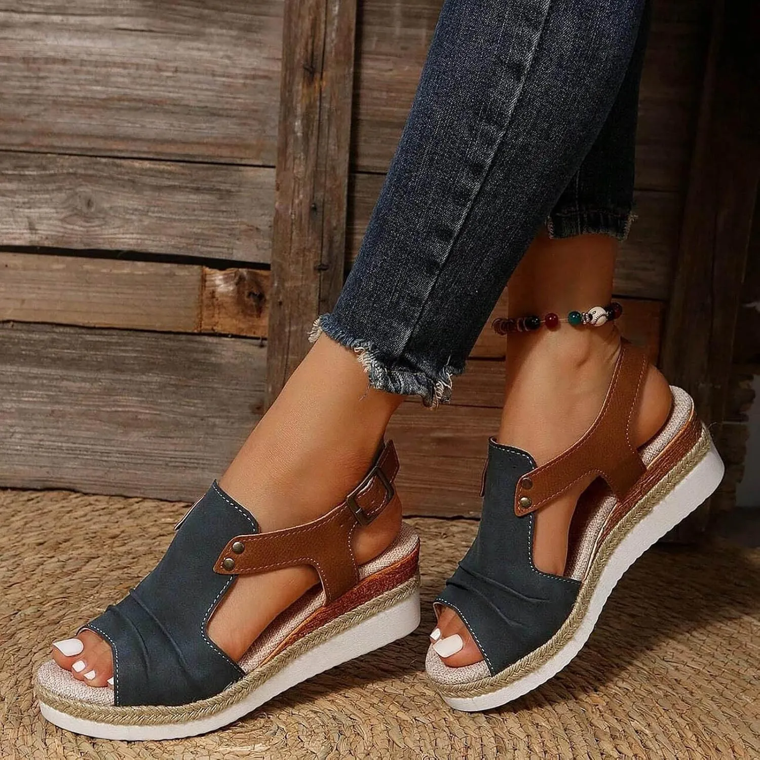 Orthopedic Platform Wedge Sandals for Women Summer Dressy 2023 Flat Open Toe Ankle Strap Espadrilles Sandals Casual Strappy Slip on Sandals Beach Boho Sandals Comfortable Outdoor Shoes (3-Navy, 10)