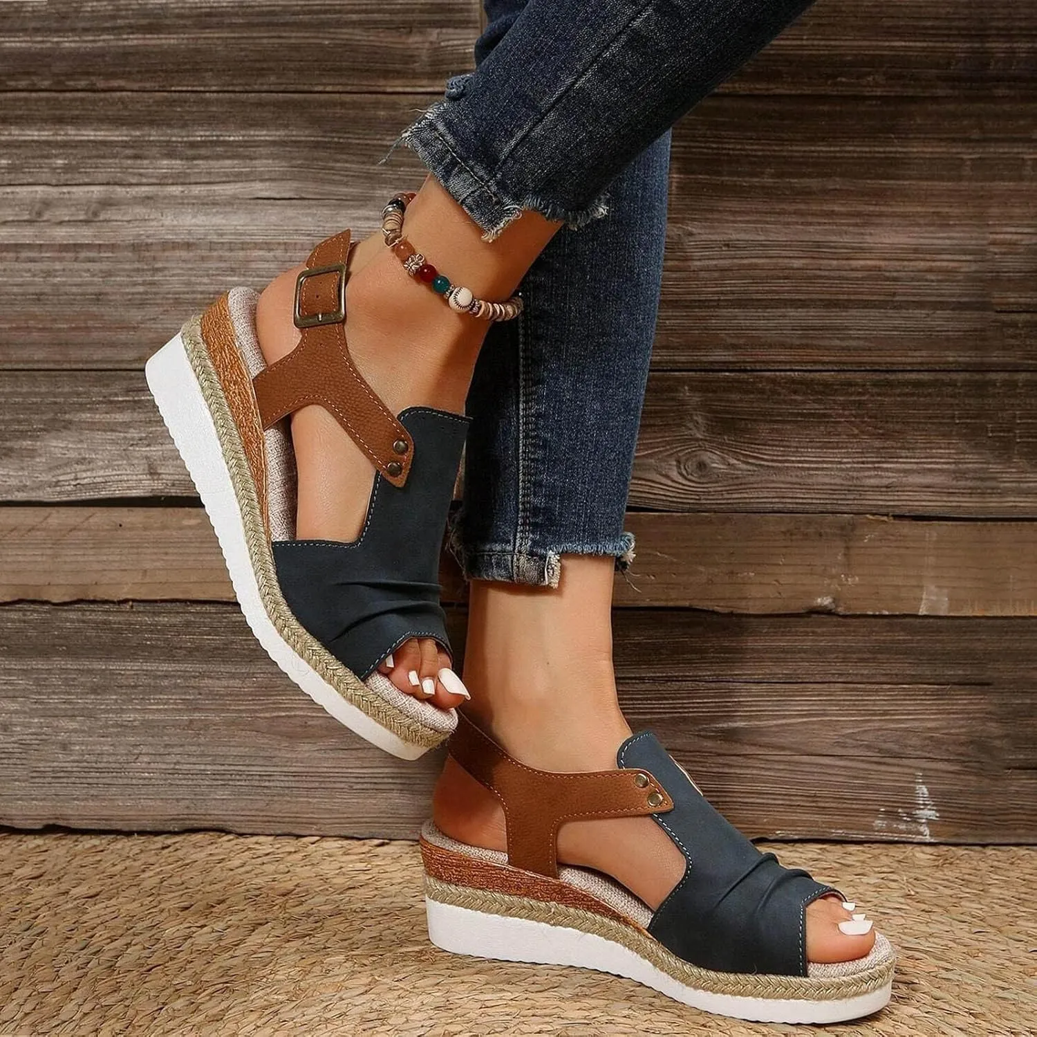 Orthopedic Platform Wedge Sandals for Women Summer Dressy 2023 Flat Open Toe Ankle Strap Espadrilles Sandals Casual Strappy Slip on Sandals Beach Boho Sandals Comfortable Outdoor Shoes (3-Navy, 10)