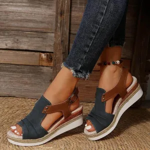 Orthopedic Platform Wedge Sandals for Women Summer Dressy 2023 Flat Open Toe Ankle Strap Espadrilles Sandals Casual Strappy Slip on Sandals Beach Boho Sandals Comfortable Outdoor Shoes (3-Navy, 10)