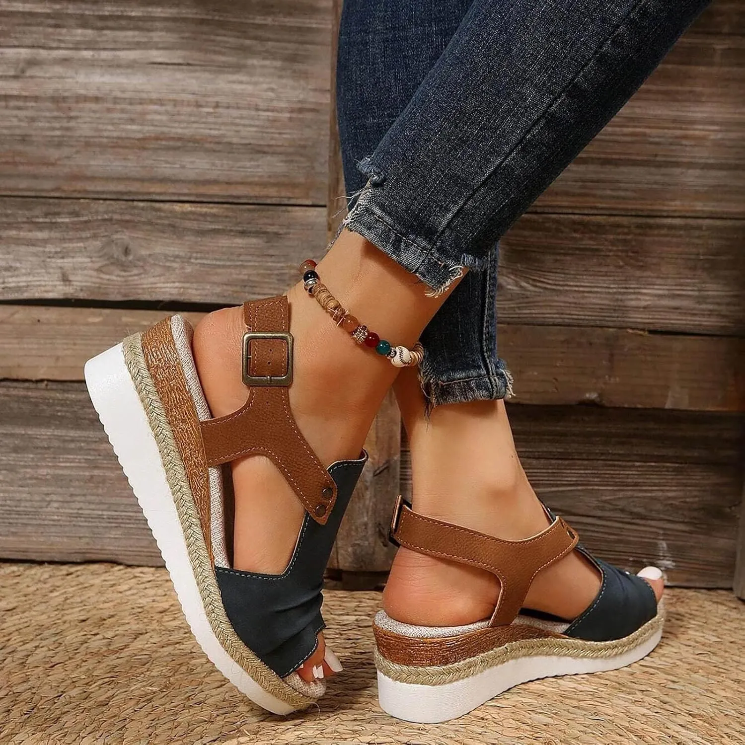 Orthopedic Platform Wedge Sandals for Women Summer Dressy 2023 Flat Open Toe Ankle Strap Espadrilles Sandals Casual Strappy Slip on Sandals Beach Boho Sandals Comfortable Outdoor Shoes (3-Navy, 10)