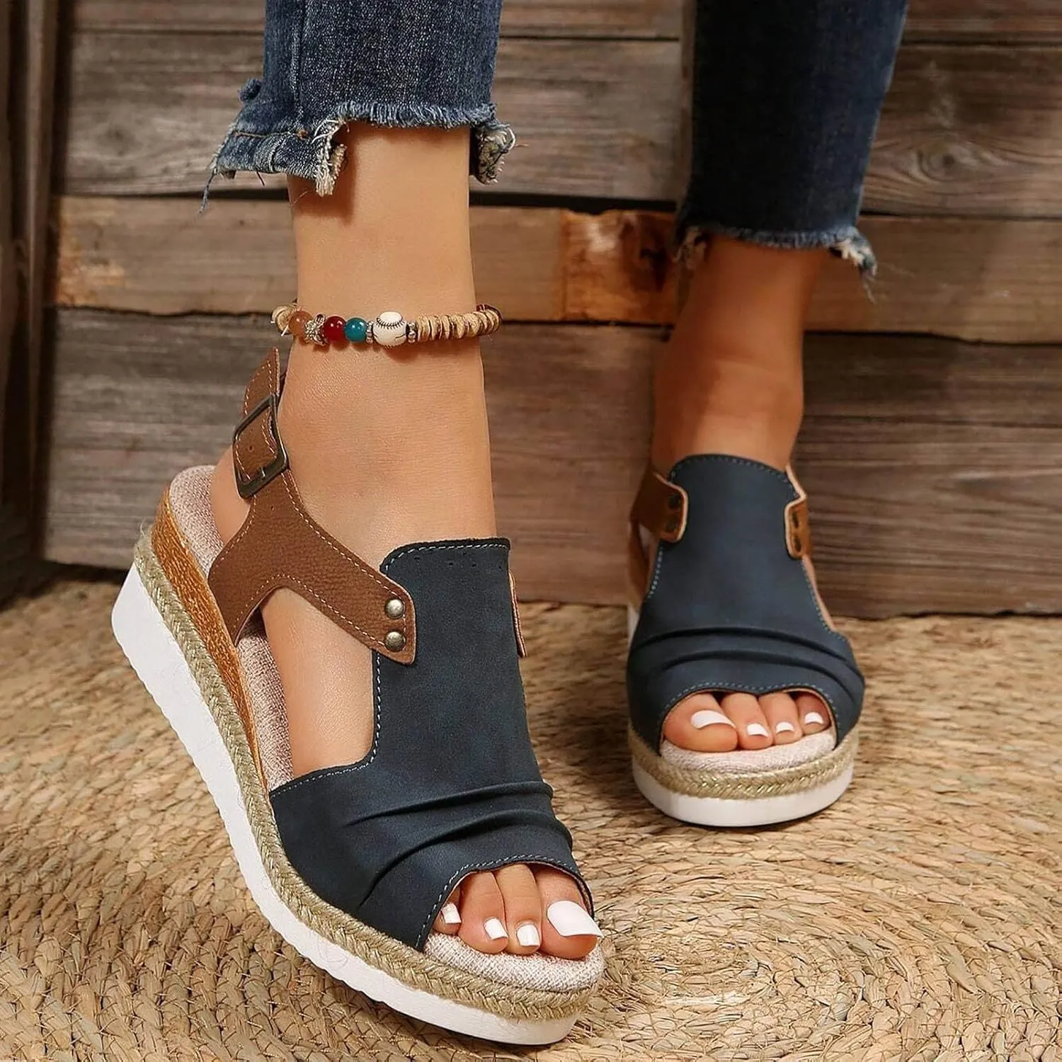 Orthopedic Platform Wedge Sandals for Women Summer Dressy 2023 Flat Open Toe Ankle Strap Espadrilles Sandals Casual Strappy Slip on Sandals Beach Boho Sandals Comfortable Outdoor Shoes (3-Navy, 10)
