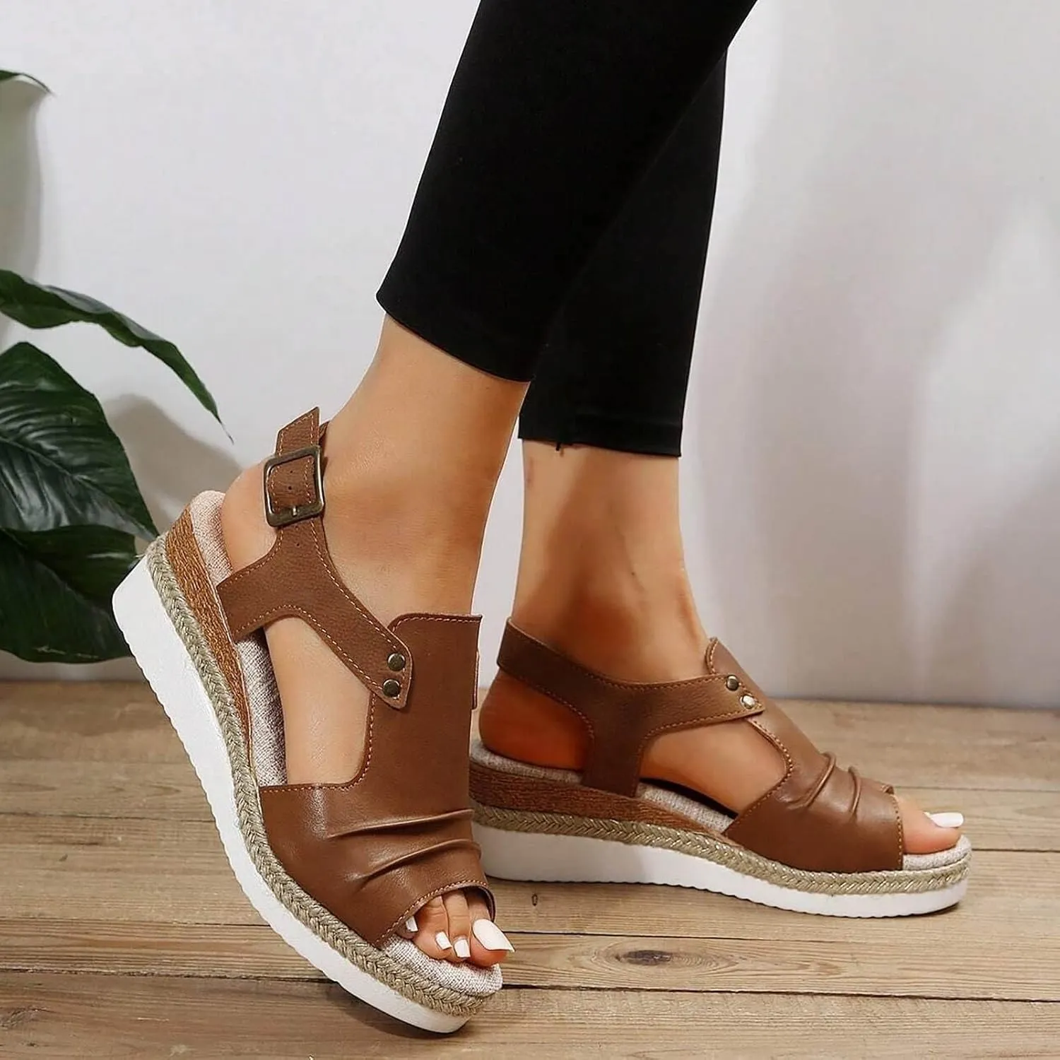 Orthopedic Platform Wedge Sandals for Women Summer Dressy Flat 2023 Open Toe Ankle Strap Espadrilles Sandals Casual Strappy Slip on Sandals Beach Boho Sandals Comfortable Outdoor Shoes (Brown #2, 7)