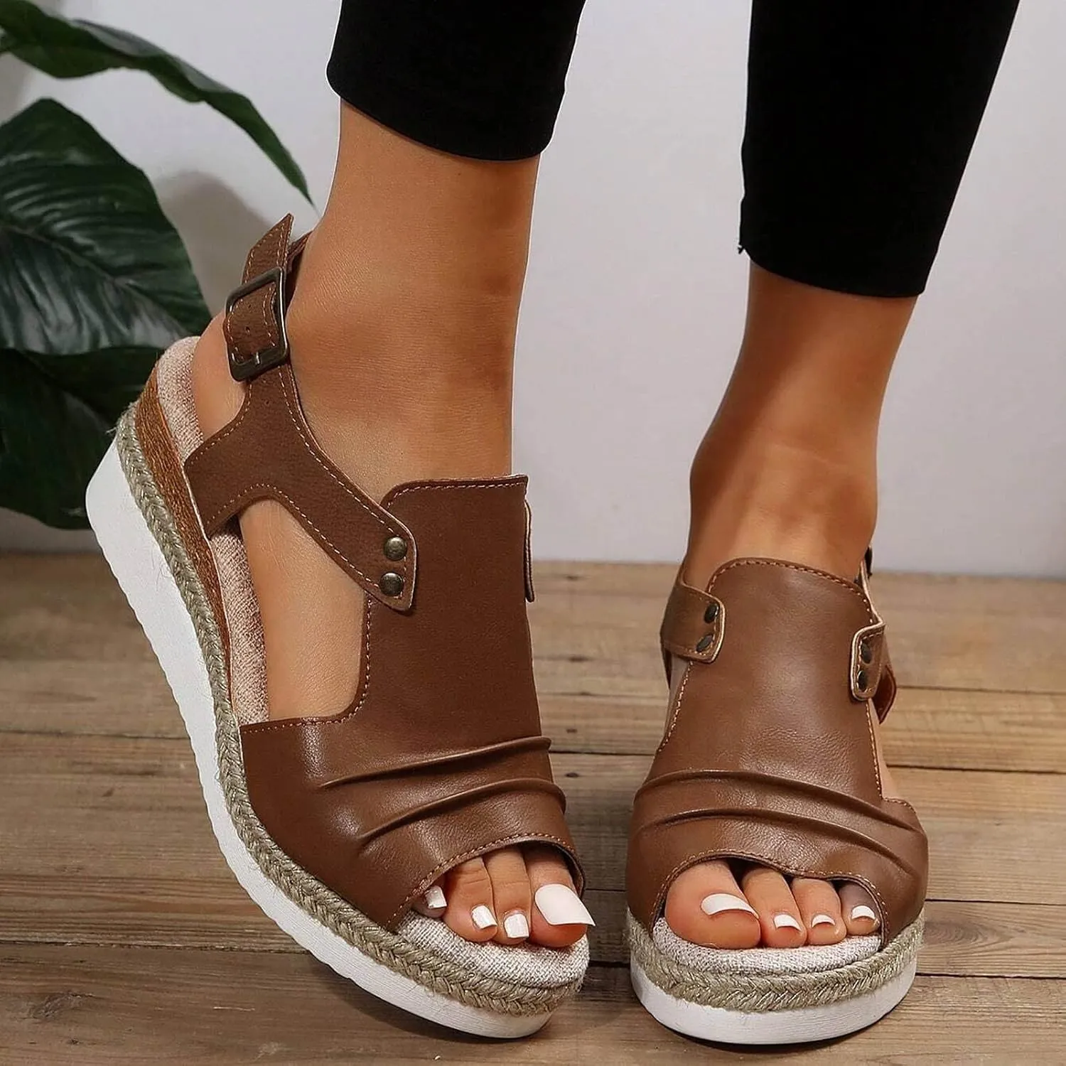 Orthopedic Platform Wedge Sandals for Women Summer Dressy Flat 2023 Open Toe Ankle Strap Espadrilles Sandals Casual Strappy Slip on Sandals Beach Boho Sandals Comfortable Outdoor Shoes (Brown #2, 7)