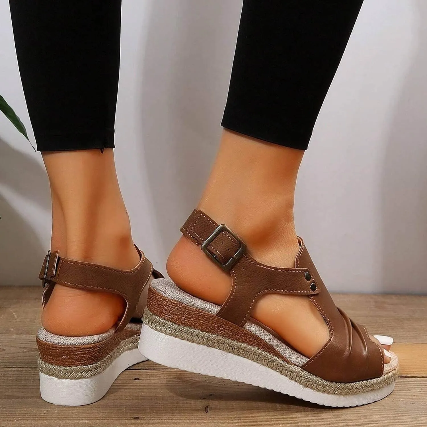 Orthopedic Platform Wedge Sandals for Women Summer Dressy Flat 2023 Open Toe Ankle Strap Espadrilles Sandals Casual Strappy Slip on Sandals Beach Boho Sandals Comfortable Outdoor Shoes (Brown #2, 7)