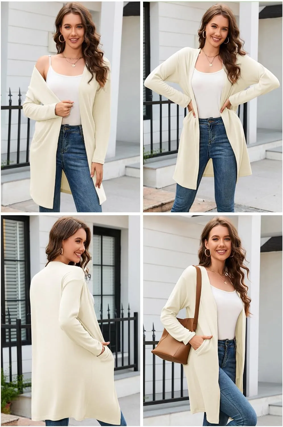 OUGES Women's Open Front Cardigan Shirt with Pockets Long Sleeve Lightweight Coat