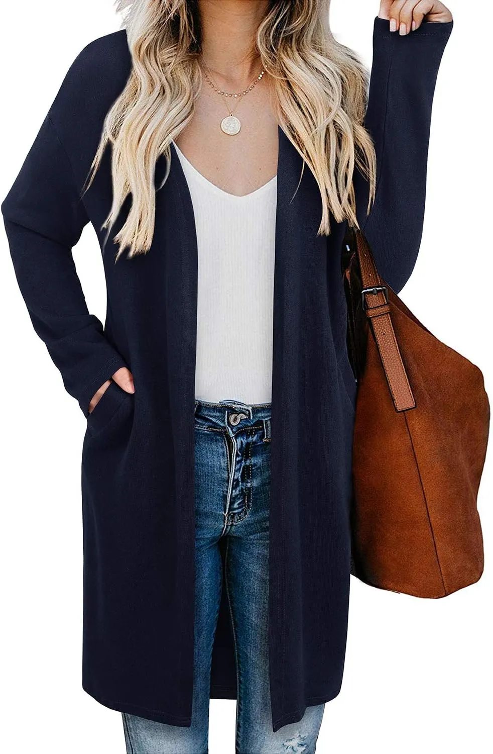 OUGES Women's Open Front Cardigan Shirt with Pockets Long Sleeve Lightweight Coat