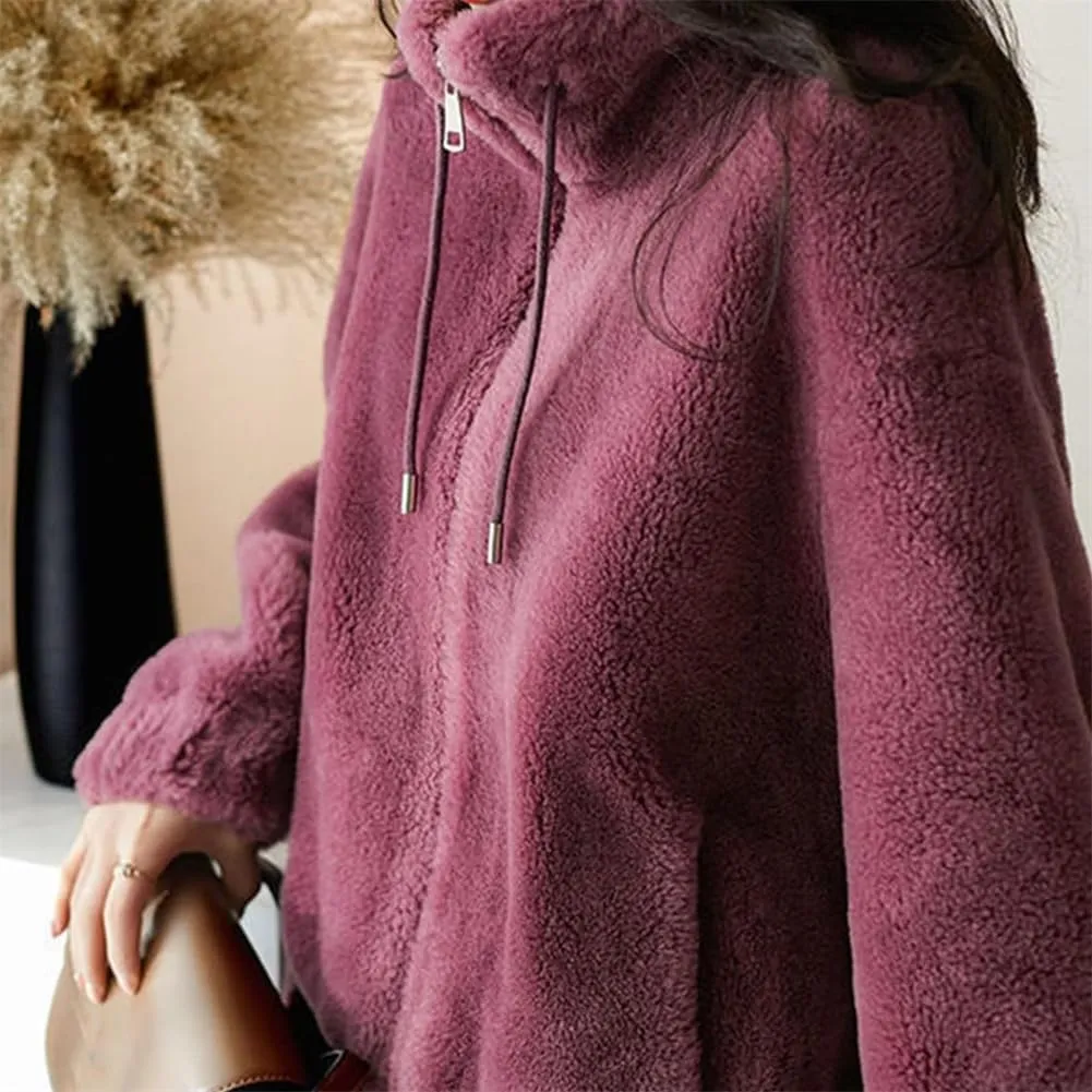 Padded Coat Stand-collar Double-faced Fleece Jacket，Winter Fashion Solid Open Front Faux Fur Coat，Warm and cozy