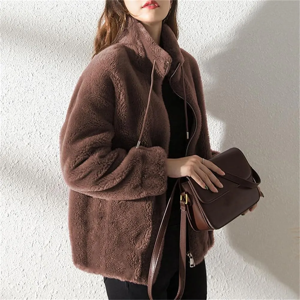 Padded Coat Stand-collar Double-faced Fleece Jacket，Winter Fashion Solid Open Front Faux Fur Coat，Warm and cozy